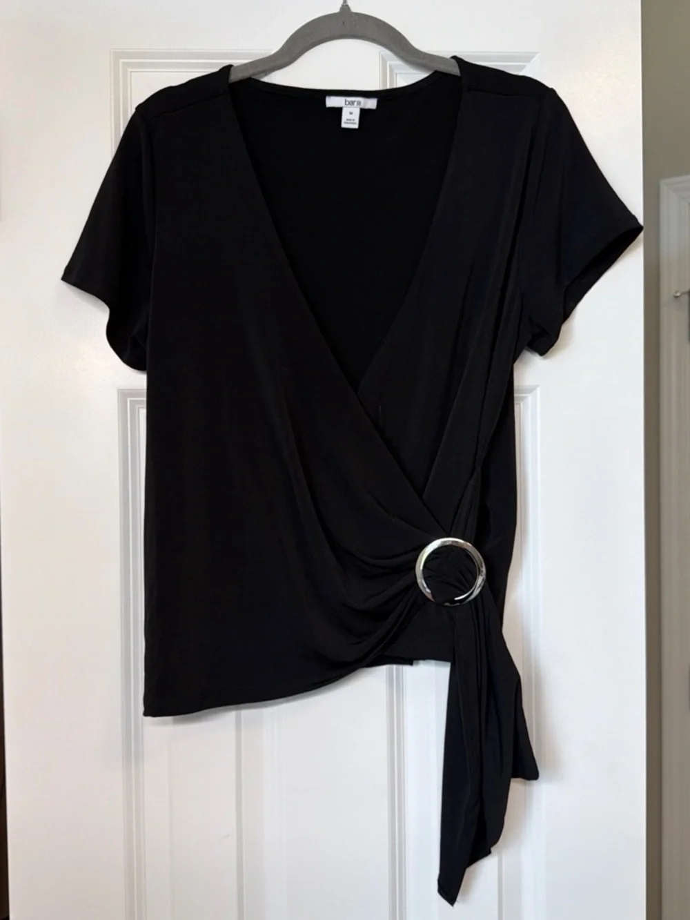 Bar III Black Short Sleeve Wrap Top with Side Ring
